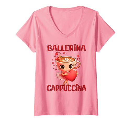 Damen Ballerina Cappuccina süß mit Herzen und Liebe T-Shirt mit V-Ausschnitt Damen Ballerina Cappuccina süß mit Herzen und Liebe T-Shirt mit V-Ausschnitt von Cute Italian Brainrot Designs