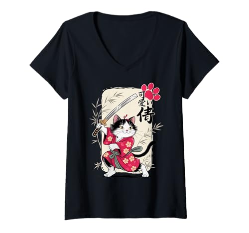 Damen Kawaii Samurai Katze - Cute Japanese Katana - Women - Cat Girl T-Shirt mit V-Ausschnitt Damen Kawaii Samurai Katze - Cute Japanese Katana - Women - Cat Girl T-Shirt mit V-Ausschnitt von Cute Japanese Chibi Samurai Cats