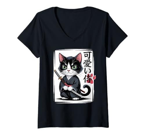 Damen Kawaii Samurai Katze - Süße japanische Katana Katze T-Shirt mit V-Ausschnitt Damen Kawaii Samurai Katze - Süße japanische Katana Katze T-Shirt mit V-Ausschnitt von Cute Japanese Chibi Samurai Cats
