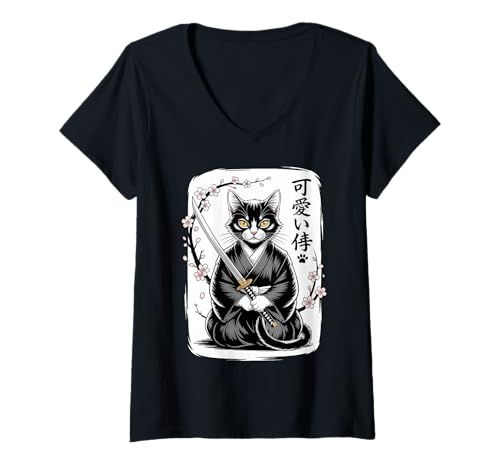 Damen Kawaii Samurai Katze - Süße japanische Katana - Sumi-e T-Shirt mit V-Ausschnitt Damen Kawaii Samurai Katze - Süße japanische Katana - Sumi-e T-Shirt mit V-Ausschnitt von Cute Japanese Chibi Samurai Cats