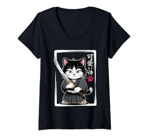 Damen Kawaii Samurai Katze - Süße japanische Katana T-Shirt mit V-Ausschnitt von Cute Japanese Chibi Samurai Cats