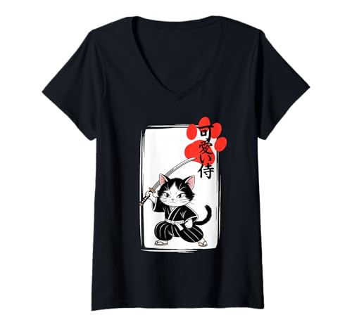Damen Kawaii Samurai Katze – süßes Japanisches Katana-Kätzchen T-Shirt mit V-Ausschnitt Damen Kawaii Samurai Katze – süßes Japanisches Katana-Kätzchen T-Shirt mit V-Ausschnitt von Cute Japanese Chibi Samurai Cats