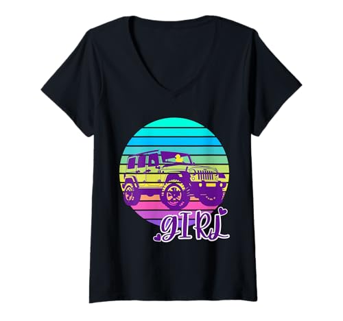 Damen Cute Just A Girl Who Loves Off-Road SUV Duck Tagging Fun T-Shirt mit V-Ausschnitt von Cute Jeeper Girl SUV Enthusiast Rubber Duck Lover