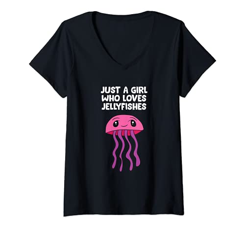 Damen Just a Girl Who Loves Quallen Aquarium T-Shirt mit V-Ausschnitt von Cute Jellyfish Tees and Gifts