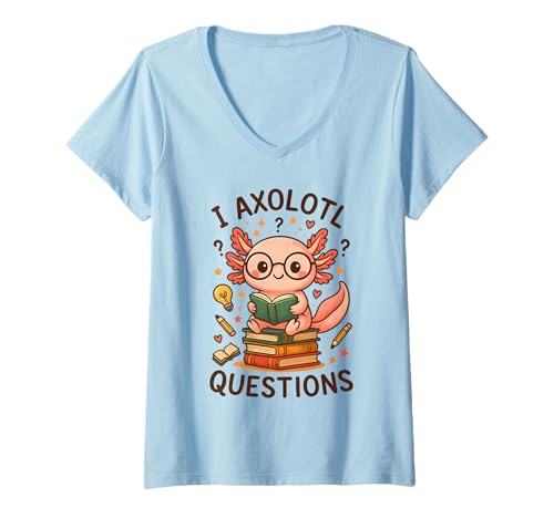 Damen I Axolotl fragt Lesebücherwurm Letzter Schultag T-Shirt mit V-Ausschnitt Damen I Axolotl fragt Lesebücherwurm Letzter Schultag T-Shirt mit V-Ausschnitt von Cute Kawaii Axolotl Lover Design Kid Teacher Gifts