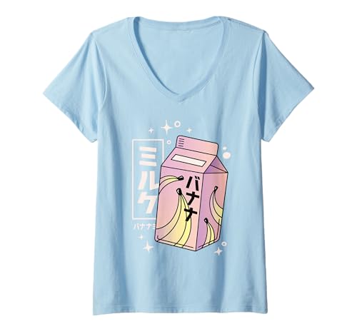 Damen Kawaii Bananenmilch, Japanisches Vaporwave-Anime-Design, Babyblau T-Shirt mit V-Ausschnitt Damen Kawaii Bananenmilch, Japanisches Vaporwave-Anime-Design, Babyblau T-Shirt mit V-Ausschnitt von Cute Kawaii Banana Milk Japanese Pastel Vaporwave