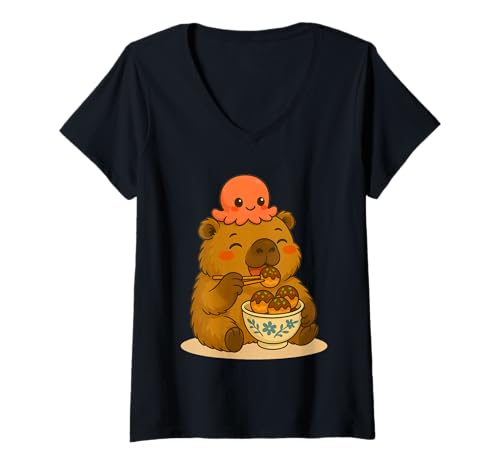 Damen Capybara Essen Takoyaki mit Oktopus Japanischer Lebensmittelliebhaber T-Shirt mit V-Ausschnitt Damen Capybara Essen Takoyaki mit Oktopus Japanischer Lebensmittelliebhaber T-Shirt mit V-Ausschnitt von Cute Kawaii Capybara with Octopus Eating Takoyaki