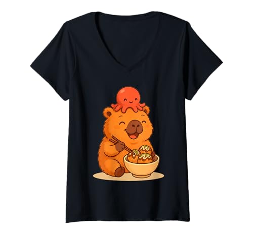 Damen Fröhliche süße Capybara, die Takoyaki mit Oktopus-Kawaii-Essen isst T-Shirt mit V-Ausschnitt Damen Fröhliche süße Capybara, die Takoyaki mit Oktopus-Kawaii-Essen isst T-Shirt mit V-Ausschnitt von Cute Kawaii Capybara with Octopus Eating Takoyaki