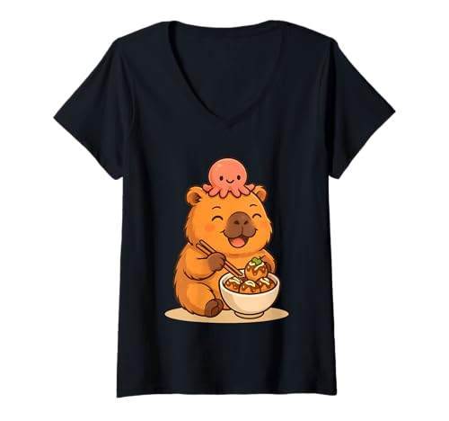 Damen Fröhliche süße Capybara, die Takoyaki mit Oktopus-Kawaii-Essen isst T-Shirt mit V-Ausschnitt von Cute Kawaii Capybara with Octopus Eating Takoyaki