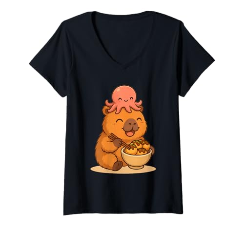 Damen Happy Capybara Essen Takoyaki mit Oktopus Kawaii Capybara T-Shirt mit V-Ausschnitt von Cute Kawaii Capybara with Octopus Eating Takoyaki