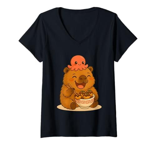 Damen Happy Capybara Essen Takoyaki mit Oktopus Kawaii Capybara T-Shirt mit V-Ausschnitt Damen Happy Capybara Essen Takoyaki mit Oktopus Kawaii Capybara T-Shirt mit V-Ausschnitt von Cute Kawaii Capybara with Octopus Eating Takoyaki