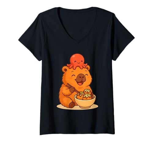 Damen Kawaii Capybara mit Oktopus Essen Takoyaki Japanisches Essen T-Shirt mit V-Ausschnitt Damen Kawaii Capybara mit Oktopus Essen Takoyaki Japanisches Essen T-Shirt mit V-Ausschnitt von Cute Kawaii Capybara with Octopus Eating Takoyaki