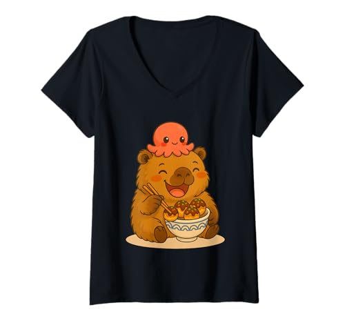 Damen Kawaii Capybara mit Oktopus Essen Takoyaki Japanisches Essen T-Shirt mit V-Ausschnitt von Cute Kawaii Capybara with Octopus Eating Takoyaki