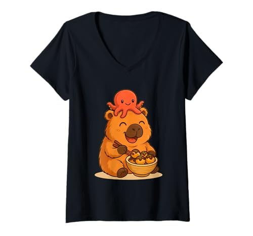 Damen Kawaii Capybara mit Oktopus Essen Takoyaki Japanisches Essen T-Shirt mit V-Ausschnitt Damen Kawaii Capybara mit Oktopus Essen Takoyaki Japanisches Essen T-Shirt mit V-Ausschnitt von Cute Kawaii Capybara with Octopus Eating Takoyaki