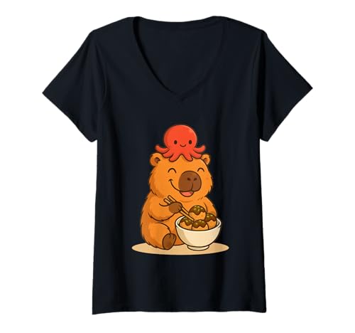 Damen Kawaii Capybara mit Oktopus Essen Takoyaki Japanisches Essen T-Shirt mit V-Ausschnitt von Cute Kawaii Capybara with Octopus Eating Takoyaki