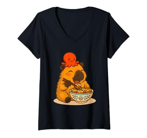 Damen Kawaii Capybara mit Oktopus Essen Takoyaki Japanisches Essen T-Shirt mit V-Ausschnitt von Cute Kawaii Capybara with Octopus Eating Takoyaki