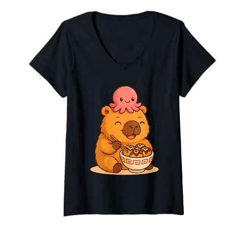 Damen Kawaii Capybara und Oktopus Essen Takoyaki Japanisches Essen T-Shirt mit V-Ausschnitt von Cute Kawaii Capybara with Octopus Eating Takoyaki