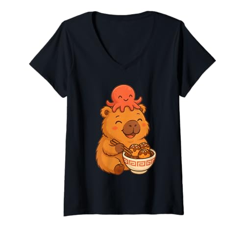 Damen Kawaii Capybara und Oktopus Essen Takoyaki Japanisches Essen T-Shirt mit V-Ausschnitt Damen Kawaii Capybara und Oktopus Essen Takoyaki Japanisches Essen T-Shirt mit V-Ausschnitt von Cute Kawaii Capybara with Octopus Eating Takoyaki