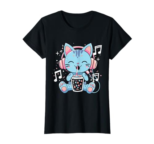 Katze K-Pop Musik Boba Bubble Tea süß Kawaii Kinder Mädchen T-Shirt von Cute Kawaii Cat Listening To Music