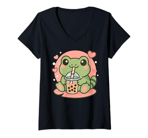 Damen Cute Kawaii Chamäleon trinkt Bubble Tea T-Shirt mit V-Ausschnitt von Cute Kawaii Chamäleon Bubble Tea Shop