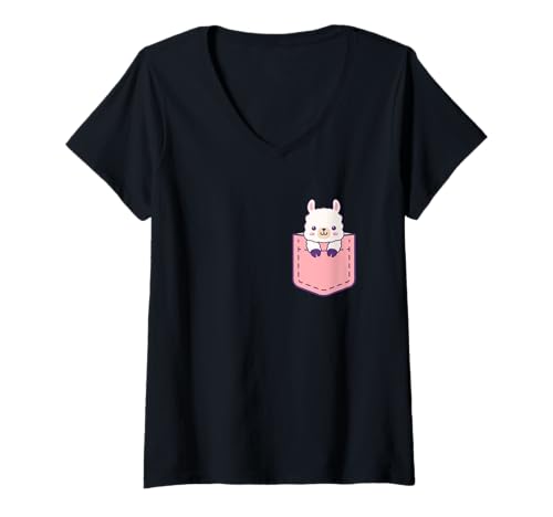 Damen Kawaii T-Shirt Cute Lama In Pocket Kawaii Kleidung Shirt T-Shirt mit V-Ausschnitt von Cute Kawaii Clothes