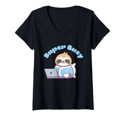 Damen Kawaii T-Shirt Cute Lazy Faultier Kaffee Kawaii Kleidung Shirt T-Shirt mit V-Ausschnitt von Cute Kawaii Clothes