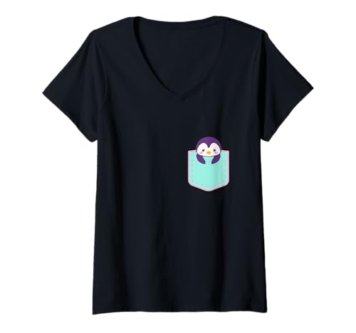 Damen Kawaii T-Shirt Niedlicher Pinguin In Your Pocket Kawaii Shirt T-Shirt mit V-Ausschnitt von Cute Kawaii Clothes