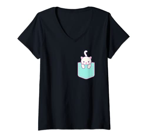 Damen Kawaii T-Shirt Süße Katze In Your Pocket Kawaii Kleidung Shirt T-Shirt mit V-Ausschnitt von Cute Kawaii Clothes