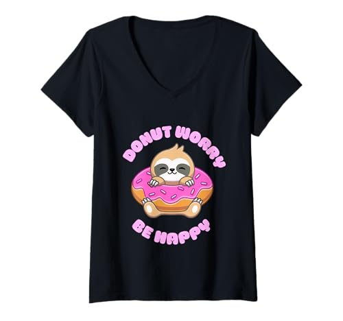 Damen Kawaii T-Shirt Süßes Faultier Donut Happy Kawaii Kleidung Shirt T-Shirt mit V-Ausschnitt von Cute Kawaii Clothes