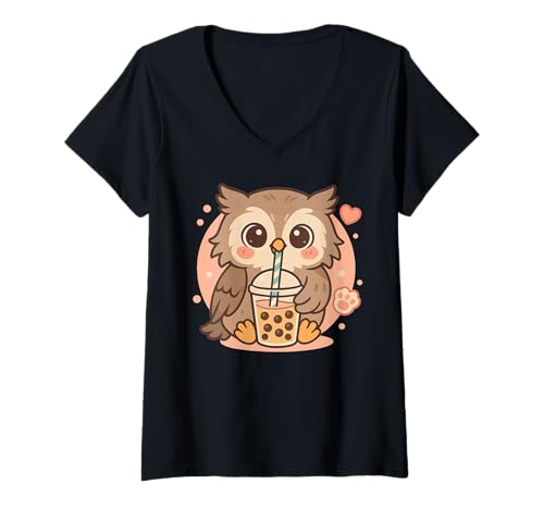 Damen Cute Kawaii Eule trinkt Bubble Tea T-Shirt mit V-Ausschnitt Damen Cute Kawaii Eule trinkt Bubble Tea T-Shirt mit V-Ausschnitt von Cute Kawaii Eule Bubble Tea Shop