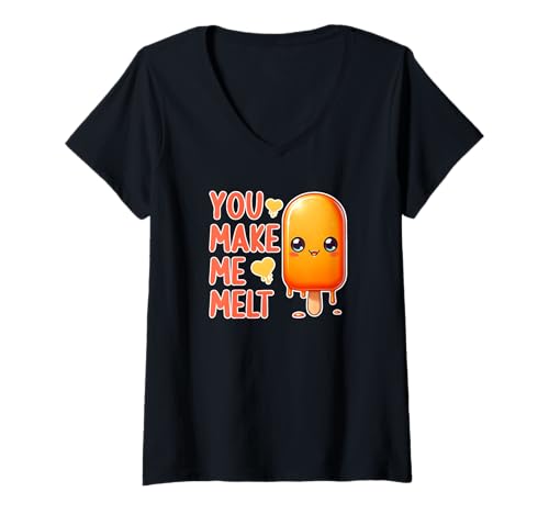 Damen Süßes Kawaii Orange Creamsicle You Make Me Melt Ice Cream T-Shirt mit V-Ausschnitt von Cute Kawaii Food Design Co.