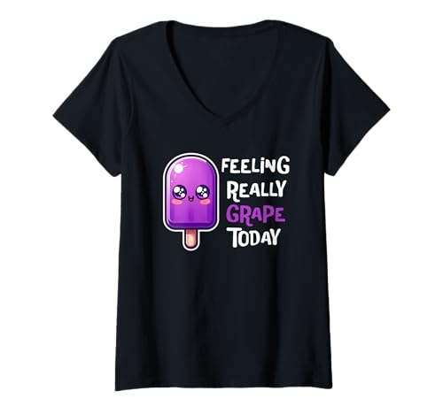 Damen Süßes lila Creamsicle Feeling Grape Today Eiscreme-Wortspiel T-Shirt mit V-Ausschnitt von Cute Kawaii Food Design Co.