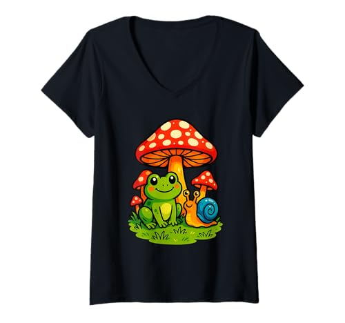 Damen Cute Kawaii Cottagecore Aesthetic Frog Snail Mushroom T-Shirt mit V-Ausschnitt Damen Cute Kawaii Cottagecore Aesthetic Frog Snail Mushroom T-Shirt mit V-Ausschnitt von Cute Kawaii Frog Snail Lover Apparel
