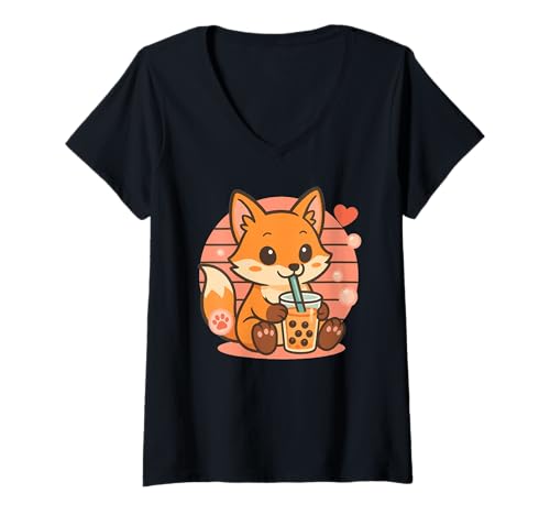 Damen Cute Kawaii Fuchs trinkt Bubble Tea T-Shirt mit V-Ausschnitt Damen Cute Kawaii Fuchs trinkt Bubble Tea T-Shirt mit V-Ausschnitt von Cute Kawaii Fuchs Bubble Tea Shop