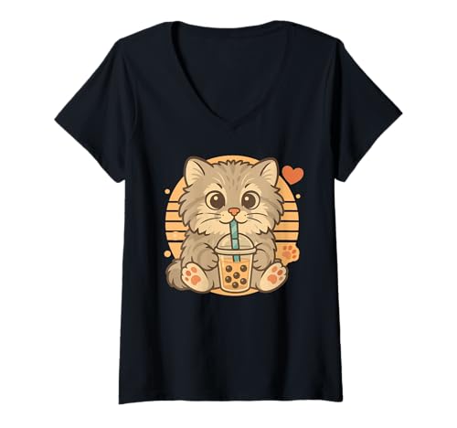 Damen Cute Kawaii Manul Pallas Katze trinkt Bubble Tea T-Shirt mit V-Ausschnitt Damen Cute Kawaii Manul Pallas Katze trinkt Bubble Tea T-Shirt mit V-Ausschnitt von Cute Kawaii Manul Pallas Katze Bubble Tea Shop
