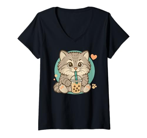 Damen Cute Kawaii Manul Pallas Katze trinkt Bubble Tea T-Shirt mit V-Ausschnitt Damen Cute Kawaii Manul Pallas Katze trinkt Bubble Tea T-Shirt mit V-Ausschnitt von Cute Kawaii Manul Pallas Katze Bubble Tea Shop