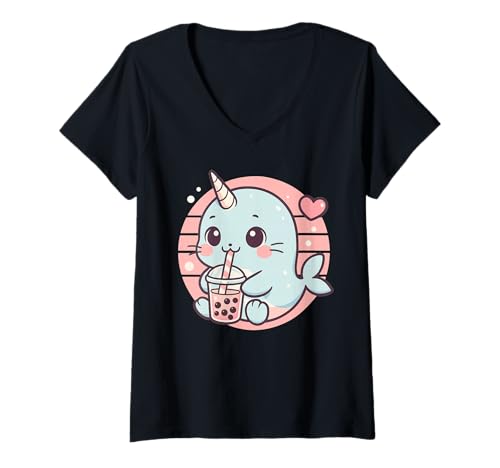 Damen Cute Kawaii Narwal trinkt Bubble Tea T-Shirt mit V-Ausschnitt Damen Cute Kawaii Narwal trinkt Bubble Tea T-Shirt mit V-Ausschnitt von Cute Kawaii Narwal Bubble Tea Shop