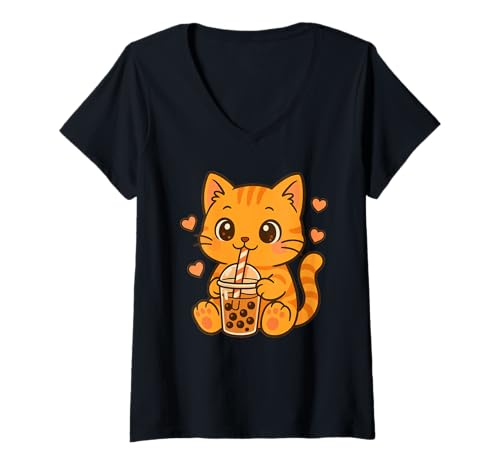 Damen Cute Kawaii Orange Katze trinkt Bubble Tea T-Shirt mit V-Ausschnitt von Cute Kawaii Orange Katze Bubble Tea Shop