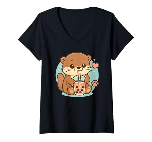 Damen Cute Kawaii Otter trinkt Bubble Tea T-Shirt mit V-Ausschnitt Damen Cute Kawaii Otter trinkt Bubble Tea T-Shirt mit V-Ausschnitt von Cute Kawaii Otter Bubble Tea Shop