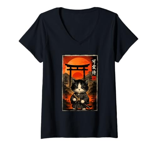 Damen Süße Samurai-Katze mit Katana-Katana-Motiv T-Shirt mit V-Ausschnitt Damen Süße Samurai-Katze mit Katana-Katana-Motiv T-Shirt mit V-Ausschnitt von Cute Kawaii Samurai Cat Studio
