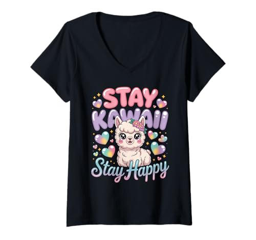 Damen Stay Kawaii Stay Happy Cute Alpaka Shirt Pastell Hearts Anime T-Shirt mit V-Ausschnitt von Cute Kawaii Vibes: Sweet Styles for All Ages