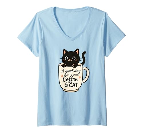 Damen Süße Kaffeekatze A Good Day Starts with Coffee Cat Lovers T-Shirt mit V-Ausschnitt von Cute Kawaii Vibes: Sweet Styles for All Ages