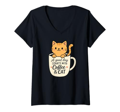 Damen Süßes Kaffeekatzen-Shirt A Good Day Starts with Coffee and Cat T-Shirt mit V-Ausschnitt von Cute Kawaii Vibes: Sweet Styles for All Ages