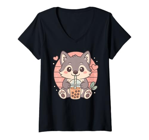Damen Cute Kawaii Wolf trinkt Bubble Tea T-Shirt mit V-Ausschnitt von Cute Kawaii Wolf Bubble Tea Shop