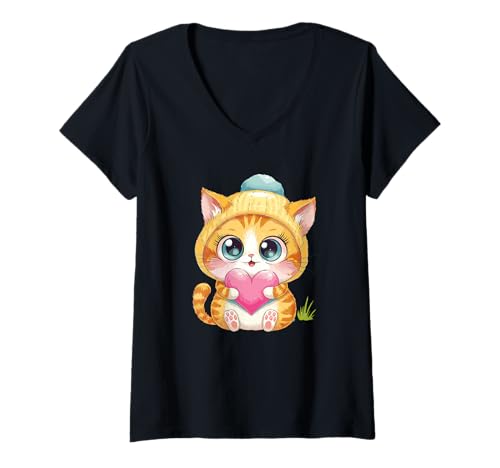 Damen Süßes orangefarbenes getigertes Kätzchen mit Herz T-Shirt mit V-Ausschnitt von Cute Kitten Lovers Adorable Cat Art