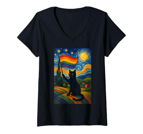 Damen Gay Pride Katzenkunst im Sternennacht-Stil, LGBTQ Pride, süßes Kätzchen T-Shirt mit V-Ausschnitt Damen Gay Pride Katzenkunst im Sternennacht-Stil, LGBTQ Pride, süßes Kätzchen T-Shirt mit V-Ausschnitt von Cute Kitten Outfits for LGBT Pride Month Apparel