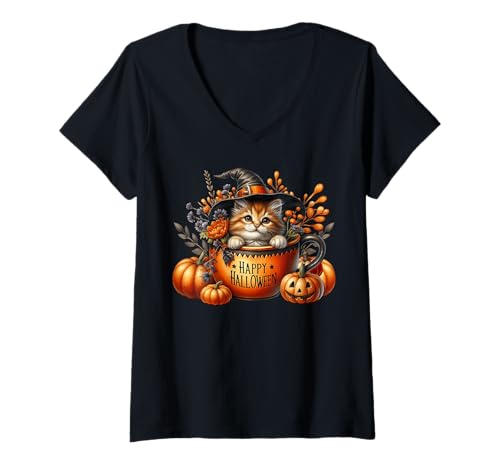 Damen Halloween Witch Cat In Happy Halloween Coffee Mug Kitten Mom T-Shirt mit V-Ausschnitt Damen Halloween Witch Cat In Happy Halloween Coffee Mug Kitten Mom T-Shirt mit V-Ausschnitt von Cute Kitten Witch Halloween Cat Gifts For Women