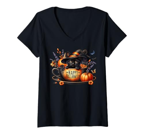 Damen Happy Halloween Cat In A Coffee Mug for Mom & Kitten Lover T-Shirt mit V-Ausschnitt Damen Happy Halloween Cat In A Coffee Mug for Mom & Kitten Lover T-Shirt mit V-Ausschnitt von Cute Kitten Witch Halloween Cat Gifts For Women