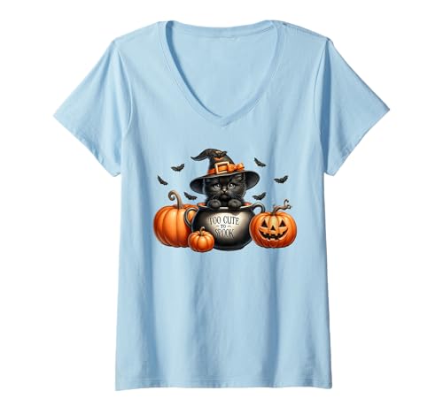 Damen Too Cute to Spook Witch Cat Graphic Halloween Cute Kitten T-Shirt mit V-Ausschnitt Damen Too Cute to Spook Witch Cat Graphic Halloween Cute Kitten T-Shirt mit V-Ausschnitt von Cute Kitten Witch Halloween Cat Gifts For Women