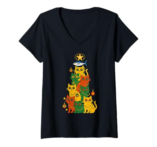 Damen Retro-Katzen-Weihnachtsbaum, lustig, Weihnachtsfeiertage T-Shirt mit V-Ausschnitt Damen Retro-Katzen-Weihnachtsbaum, lustig, Weihnachtsfeiertage T-Shirt mit V-Ausschnitt von Cute Kitty XMAS Tree Festive Holidays Cat Lover